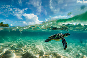 Sea turtle swimming in crystal clear ocean water