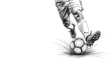 Pencil sketch of a soccer football player's leg kicking ball at game