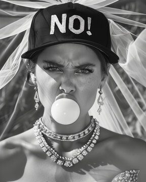Black and white photograph of an angry bride blowing a bubble with gum, wearing a cap with the word 'NO!'. Bold and rebellious bridal portrait.