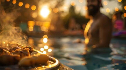 Friends gathering for a swimming and barbecue picnic with a poolside setup