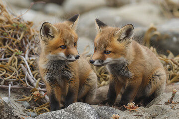 Fototapeta premium Two young foxes in a natural habitat