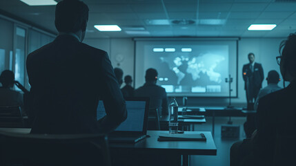 A realistic scene of an IT specialist conducting a cybersecurity training session in a corporate office, with employees watching a presentation on data protection.