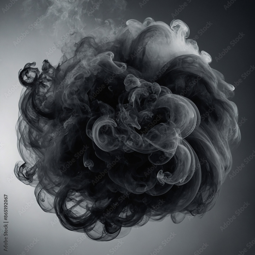 Poster dense, swirling cloud of black, gray smoke forms intricate patterns against gradient background. smo