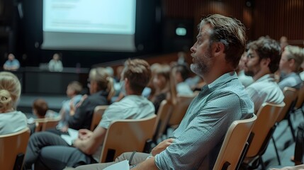 A group of professionals attending a business workshop, seated in rows, attentively listening to a speaker presenting on stage with a projector screen in the background