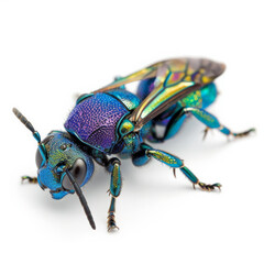Naklejka premium A close-up of a metallic blue cuckoo wasp with intricate details, isolated on white background