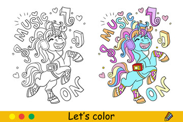 Kids coloring cute musical unicorn with lettering vector