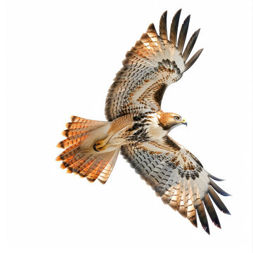 A majestic red-tailed hawk soaring high in the sky, wings wide and tail feathers spread, isolated on white background.