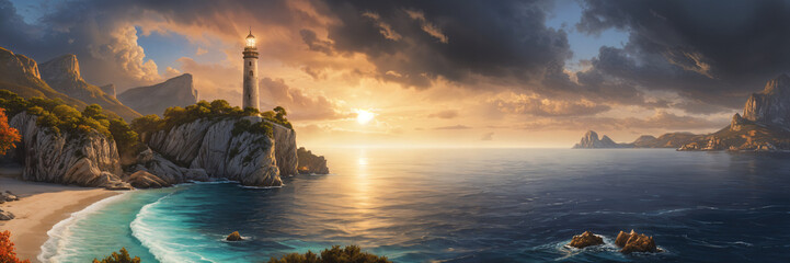 Obraz premium A serene coastal scene at sunset, with a lighthouse on the cliff overlooking the ocean.