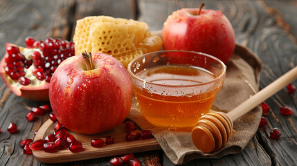 Apple, honey and pomegranate, traditional food of the Jewish New Year holiday Rosh Hashanah, rustic background. Generative ai