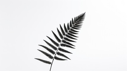 A high-contrast black and white image of a lone fern frond, its stark silhouette against a pure white backdrop emphasizing its intricate details