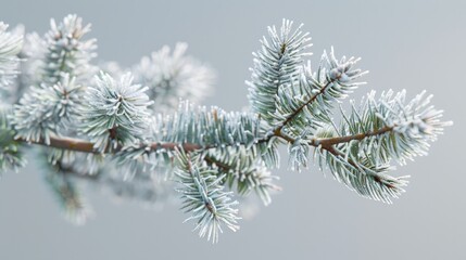A hyperrealistic close-up of a snow-laden pine branch, capturing the intricate details of its frosty needles,