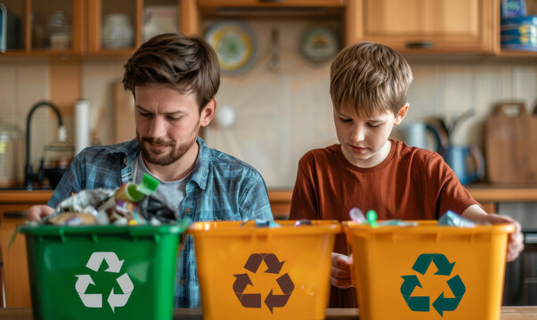 Father with son sorting and recycling household waste together. Generative ai