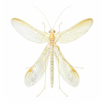 A detailed image of a delicate lacewing with its translucent wings, isolated on white background