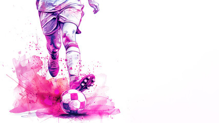 Obraz premium Pink watercolor of a soccer football player's leg kicking ball at game
