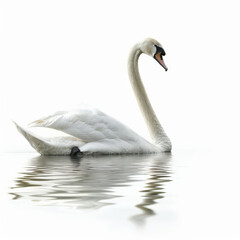 Naklejka premium A graceful mute swan gliding smoothly on water, its long neck curved elegantly, isolated on white background.