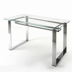 A contemporary office desk with a glass top and metal legs, isolated on white background.