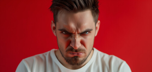 Obraz premium portrait of young beautiful man with angry expression, isolated on red and white backgrounds