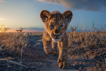 Obraz premium Close-up of Lion Cub in African Savannah Sunset
