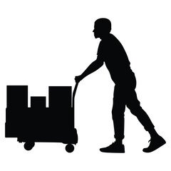 Man working at a warehouse with boxes.Logistic and Delivery.Worker pushing a hand truck.Courier carries a cart with boxe.