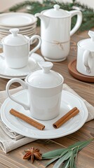 Close-up of two white teacups and teapot on a white wooden table. Textured design. Coffee beans scattered around them