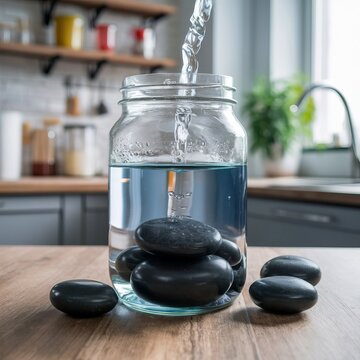 Shungite stones at the bottom of a three-liter jar of water purify it.