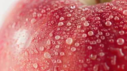 A macro photograph of a ripe red apple, isolated on a white background. The image is zoomed in close, revealing the intricate details of the apple's skin, including the tiny pores and wrinkles.