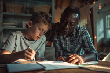 African father helping caucasian teenager son learning for school doing homeworks together for education 