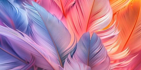 Soft pastel feathers intertwined in a harmonious display of light and color, showcasing a gradient of pinks, purples, and blues in an abstract composition.