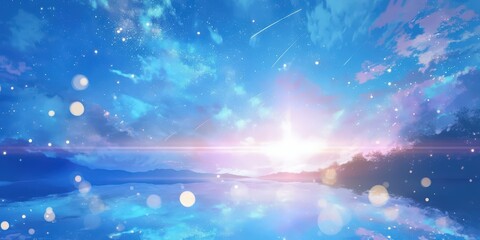 Dreamy Night Sky with Shooting Stars and a Reflective Lake