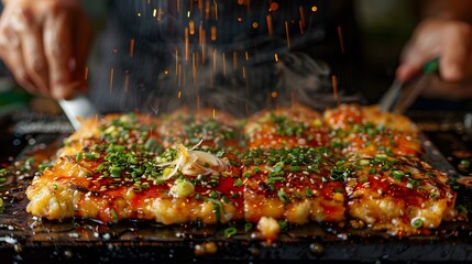 Okonomiyaki being cooked on a griddle