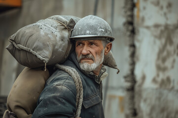 Obraz premium Older worker carrying heavy bag load at his back because of Old-age poverty