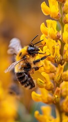 Flying Bee Approaching a Solidago Flower in Bright Daylight