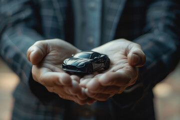 A male insurance agent holds a black toy car on his palms.