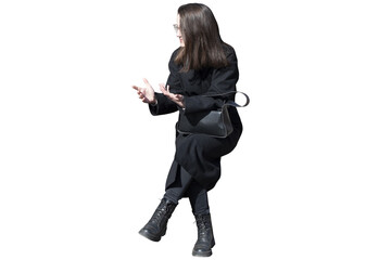A woman in black coat in sitting pose isolated