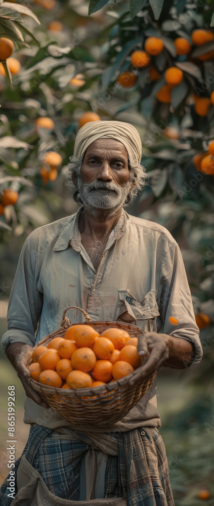 Wall mural A middle-aged Indian farmer holding a basket of sugar orange - Wall murals