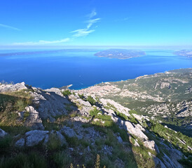 Aerial landscape. Morning town, Adriatic coast of Croatia, Makarska
