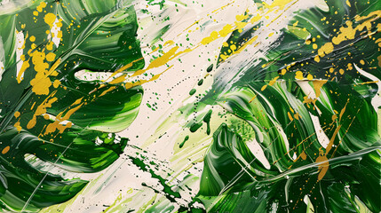 Fototapeta premium Abstract painting of tropical leaves in green and gold