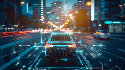 Modern smart car technology intelligent system using Heads up display (HUD) Autonomous self driving mode vehicle on city road with graphic sensor radar signal system intelligent car.