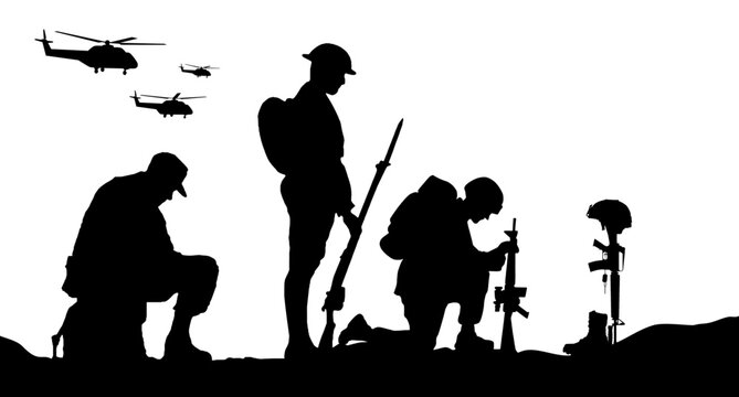 Sad army soldiers in sorrow for fallen comrade during military funeral honor. Silhouette of usa military army with weapons. American independence or memorial day background. Pride and honor symbol. - Powered by Adobe