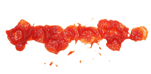 Red ketchup splashes isolated on white background, tomato pure texture, top view	