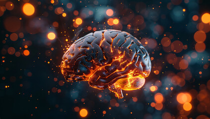 3D render of brain with glowing orange and blue lights