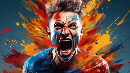 A passionate soccer fan painted in the colors of their team, their face contorted in a mix of excitement and anticipation,