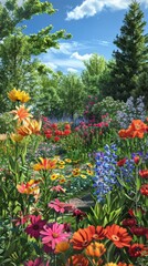 Colorful garden with a variety of flowers on a sunny day.