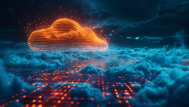 Glowing data cloud floating above blue clouds, mysterious digital art