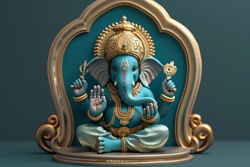 Lord Ganesha, the Hindu god of wisdom and success. Intricately designed statue with vibrant colors against a green backdrop. Ideal for Ganesh Chaturthi greetings or spiritual content.
