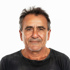 Obraz premium Attractive mid aged mature Brazilian man with a friendly demeanor, facing the camera, isolated on white background.