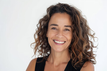 Attractive mid aged mature Brazilian woman with a captivating smile, facing the camera, isolated on white background.