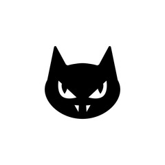 Head of a angry wicked black cat with fangs. Isolated vector illustration. Front view.