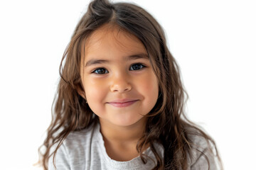 Cute Latin preschool-aged girl with a bright smile, looking into the camera, isolated on white background.