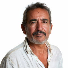 Distinguished mid aged mature Latin man with a warm expression, looking into the camera, isolated on white background.